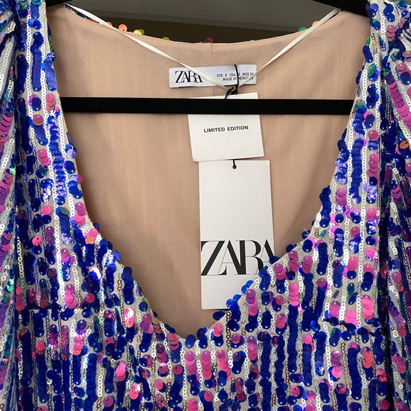 Zara Limited Edition Blue Pink Purple Long Sleeve Sequin Mini Dress sz S - Picture 5 of 12